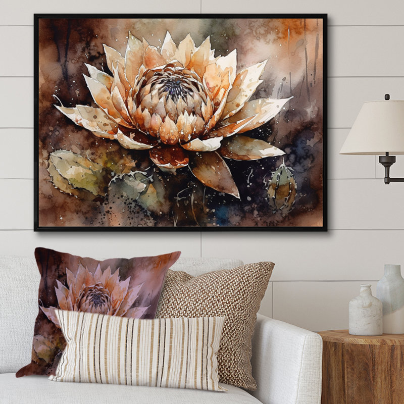 «Roverta Brown Green Cactus Flower I», reproduction sur toile, H 30 po x l 40 po x P 1,5 po, Cadre flottant noir