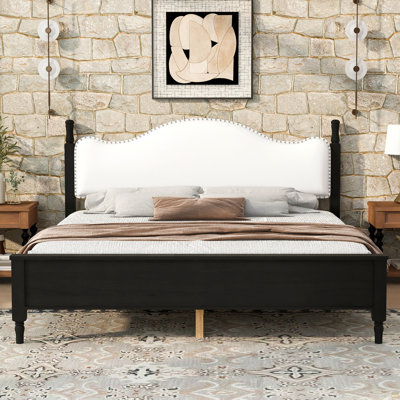 King Size Wood Platform Bed with Upholstered Headboard, Black Frame+White Headboard