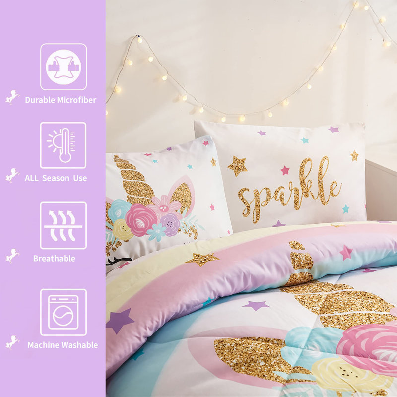 5-Piece Bed in a Bag, 3D Colorful Unicorn Bedding Comforter Sheet Set, Ultra Soft and Fluffy, Pink & Rainbow Color