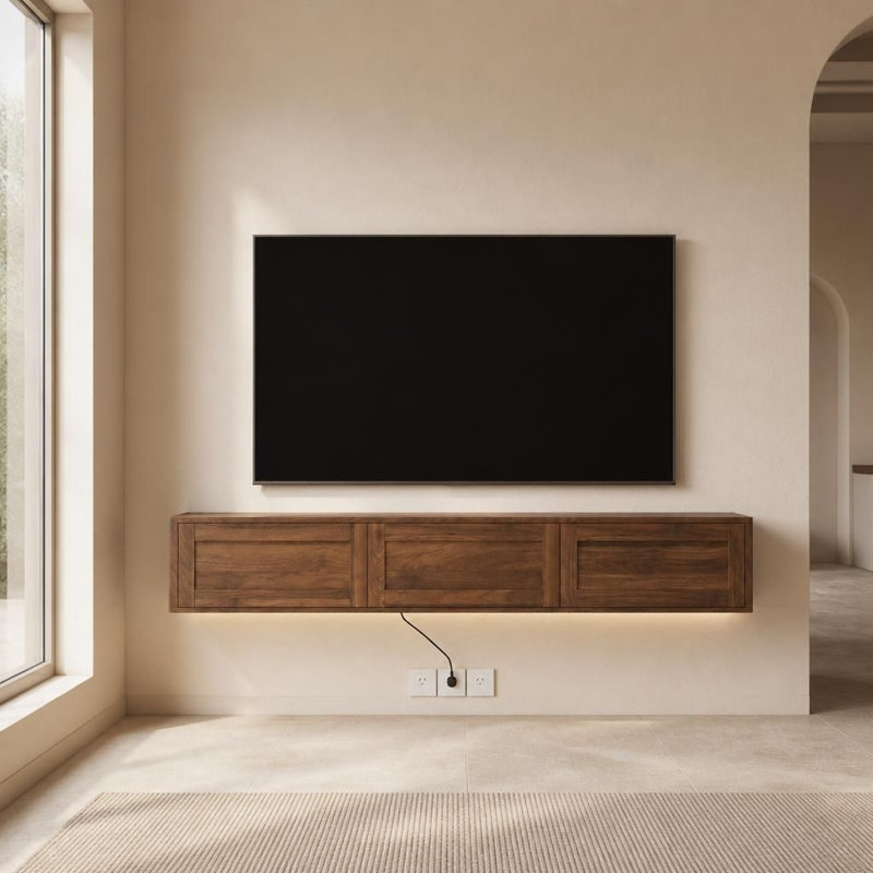 Meuble télé mural flottant avec éclairage DEL et prise de courant intégrée, console média ultrabrillante pour les centres de divertissement de salon