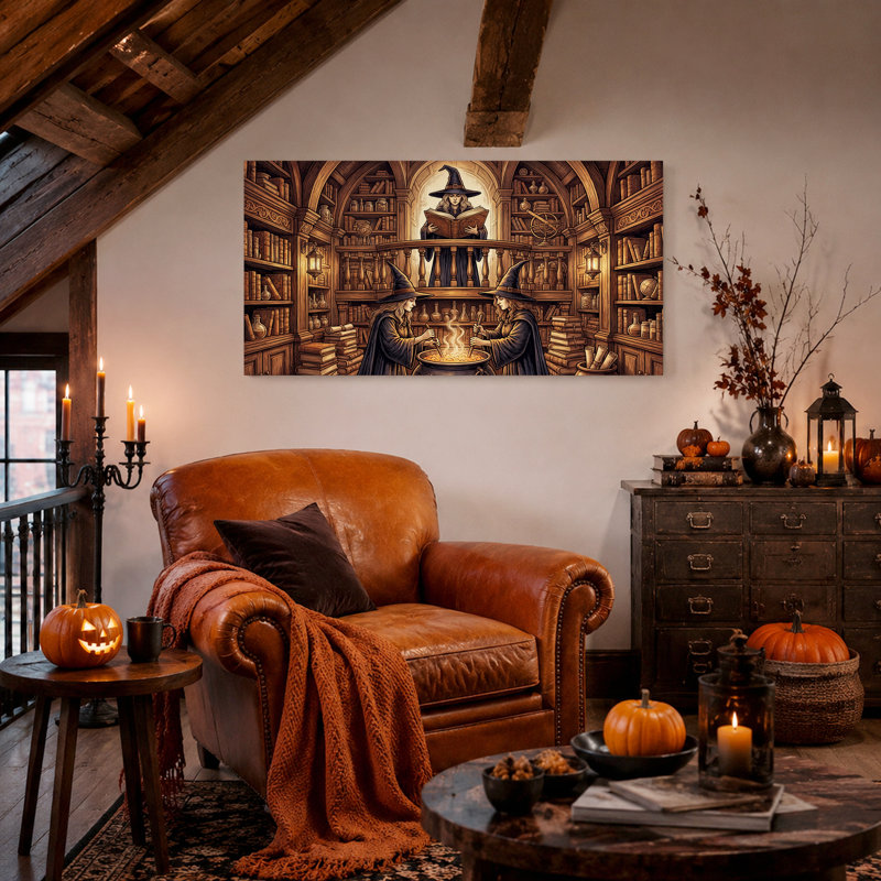 «Witches Stirring Cauldron in Library», art mural sur toile, L 58 po x H 28 po