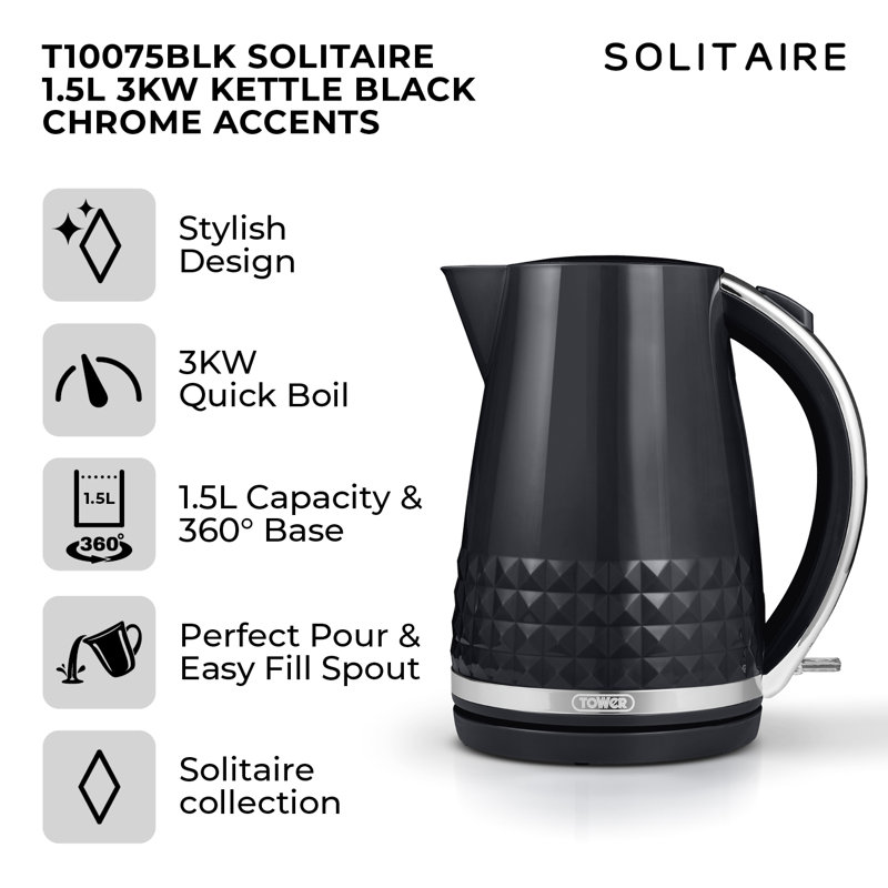 Tower T10075 Solitaire Kettle with 360° Swivel Base Cord Storage 1.5L 3KW, Black