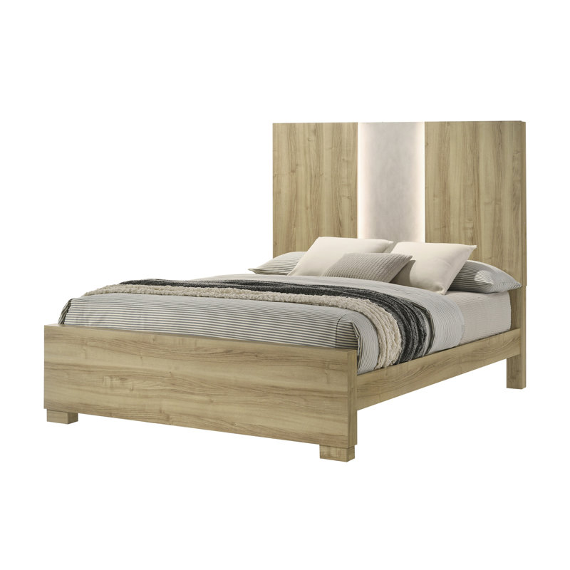 1pc Contemporary Panel Bed with Integrated Lighting Driftwood Finish, King 