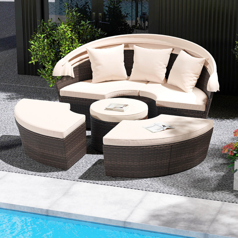 Patio Round Daybed Pe Rattan Cushioned Sectional Seating With Retractable Canopy