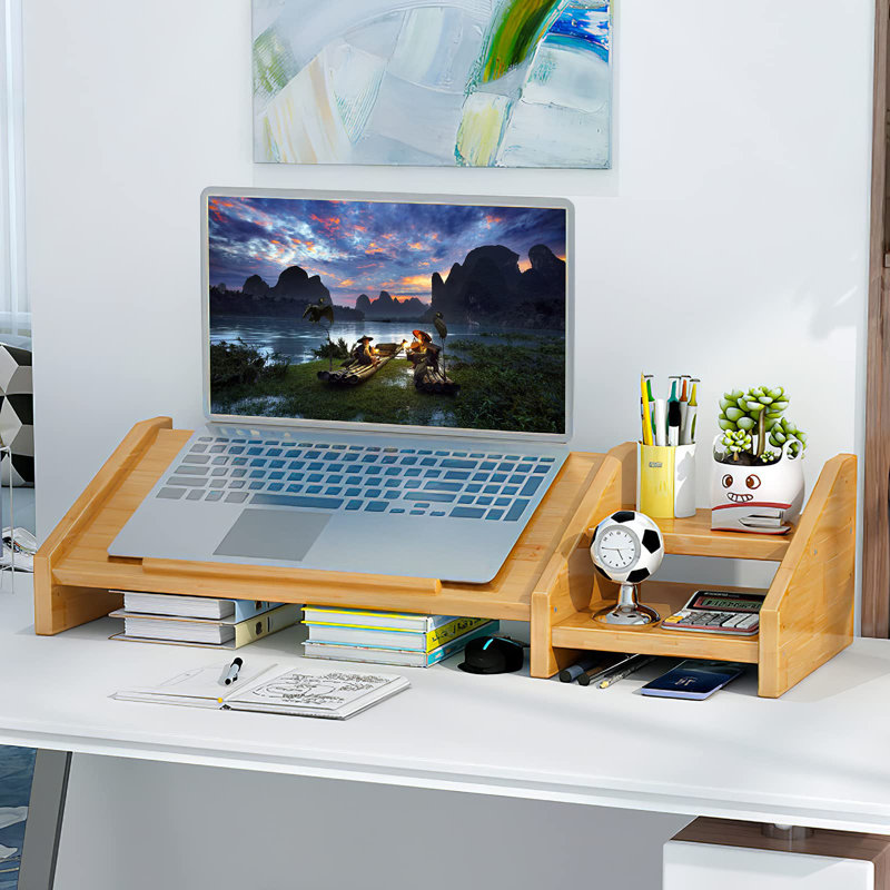 Bamboo Laptop Stand For Desk 3 Heights Adjustable Notebook Stand Computer Monitor Riser With 2 Tier Storage Shelf, Desktop Organizer Printer Stand For Home Office