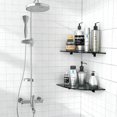 Serviteur de douche en coin avec supports antirouille, organisateur de salle de bain sans perceuse, paquet de 2 (noir)