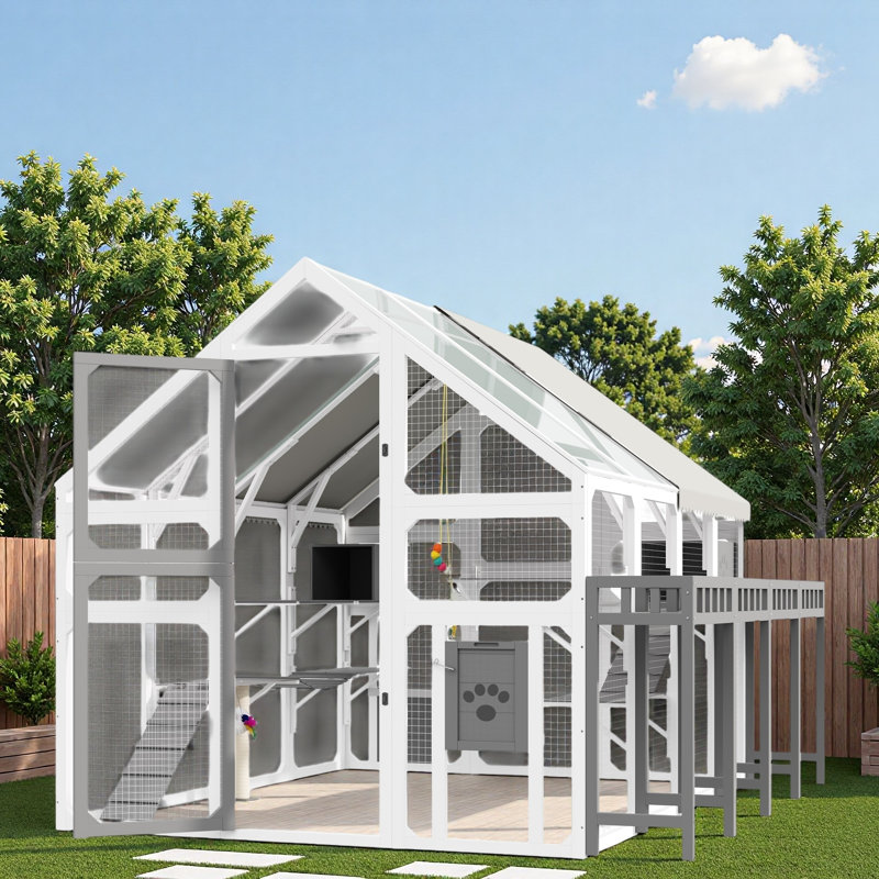 Grande maison pour chat d'extérieur avec support à fleurs, boîtes de repos, pont suspendu, plateformes et toit imperméable