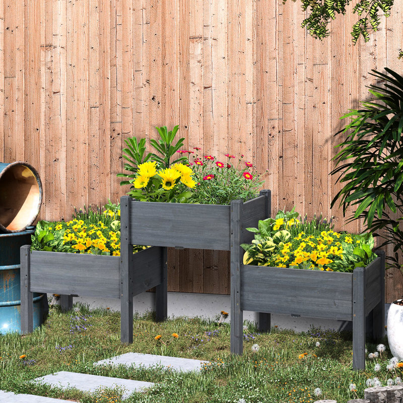 Lit de jardin surélevé gris, 3 jardinières pour lit de culture de fleurs et de légumes avec unités - Support en bois pour plantes vivantes