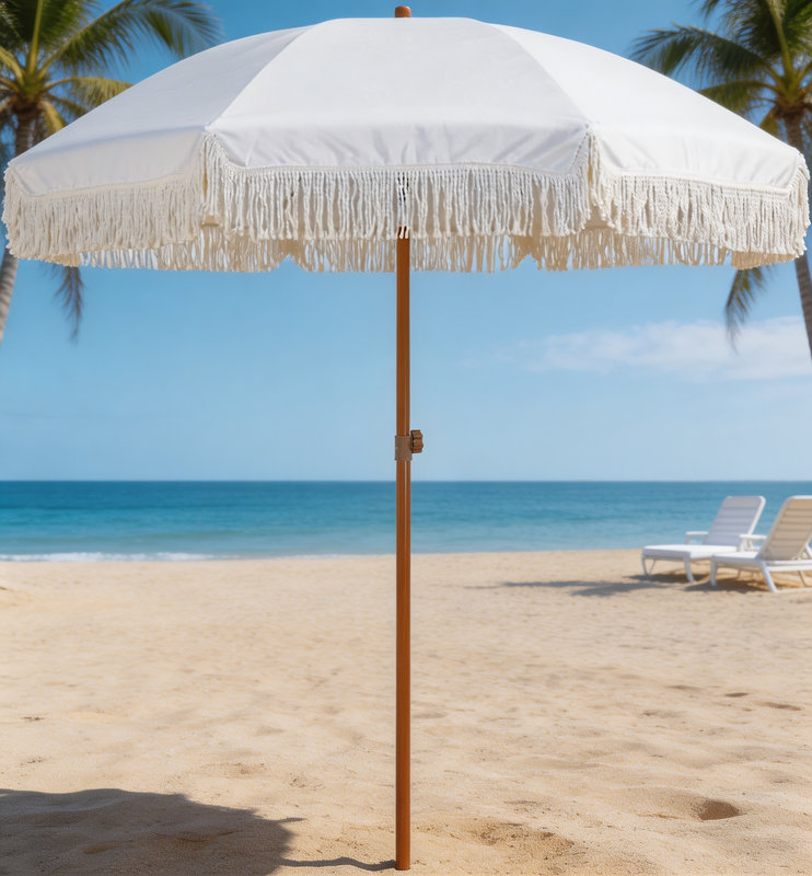 Parasol de patio à franges de 7 pi, UPF50 +, mât et nervures en acier de qualité supérieure, inclinaison à bouton-poussoir, blanc crème (base non incluse)