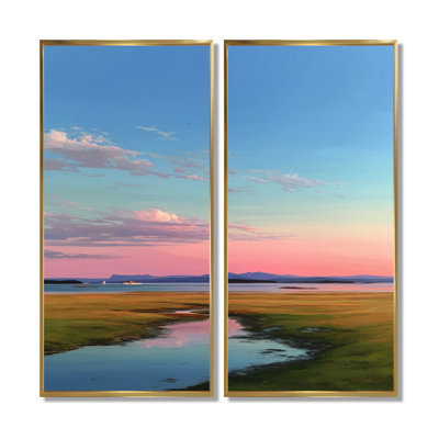 Summer Sunrise Meadows In Canada - Vancouver Canvas Prints, Pink Cityscape Wall Art Set Of 2