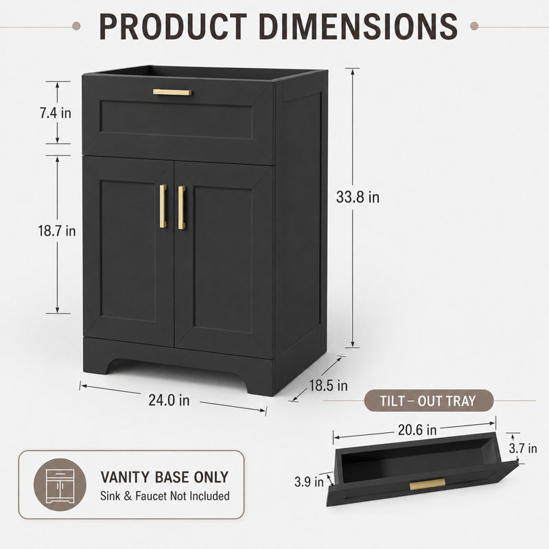 24" Bathroom Vanity Cabinet Base Only, Sink not Included -Black, Black, 24"