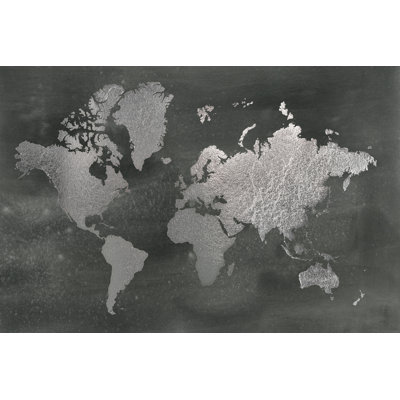 Large Silver World Map On Black Wash by Jennifer Goldberger - Painting