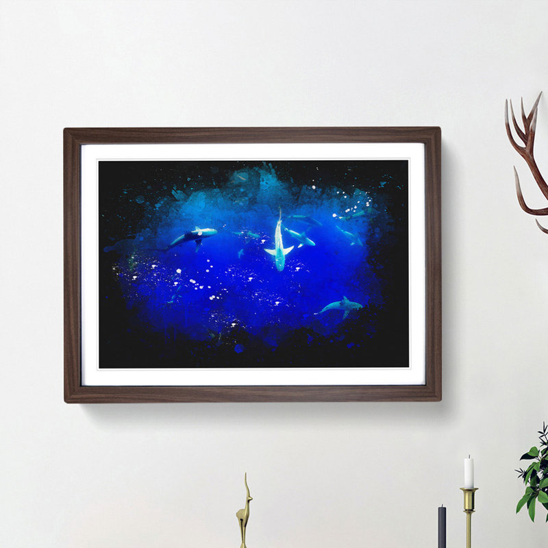 Oahu Sharks - Single Picture Frame Print on MDF, Walnut Framed, 24cm H x 33cm W x 2cm D