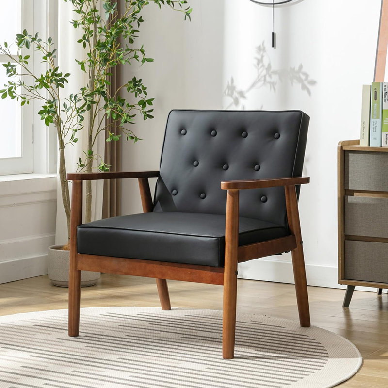Fauteuil Mid-Century de 68 po de largeur, Similicuir noir