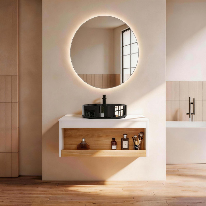 Meuble-lavabo flottant peu encombrant avec rangement ouvert et lavabo vasque, Noir