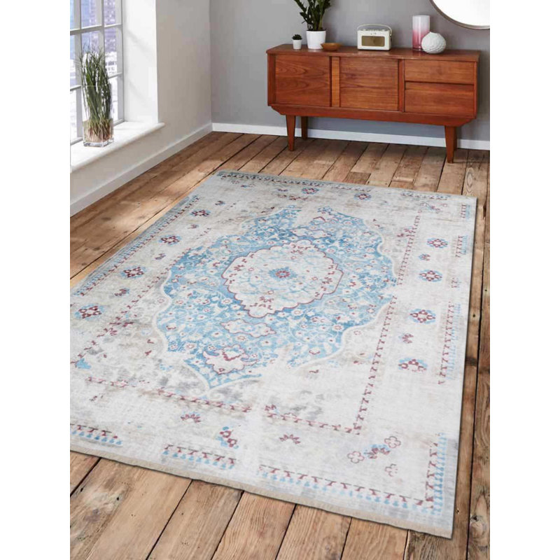 Crayton Machine Made Polyester Area Rugs - Rectangle, Ivory Blue Color, Oriental Design, Low Pile Machine Made Area Rugs for Living Room, Bed Room
