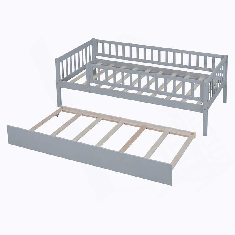 Lit de jour en bois avec couchette et garde-corps, gris, Simple