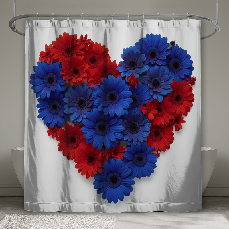 Rideaux de douche extra longs à motifs de cœurs bleus et rouges et de fleurs en forme de cœur., L 70 po x H 93 po