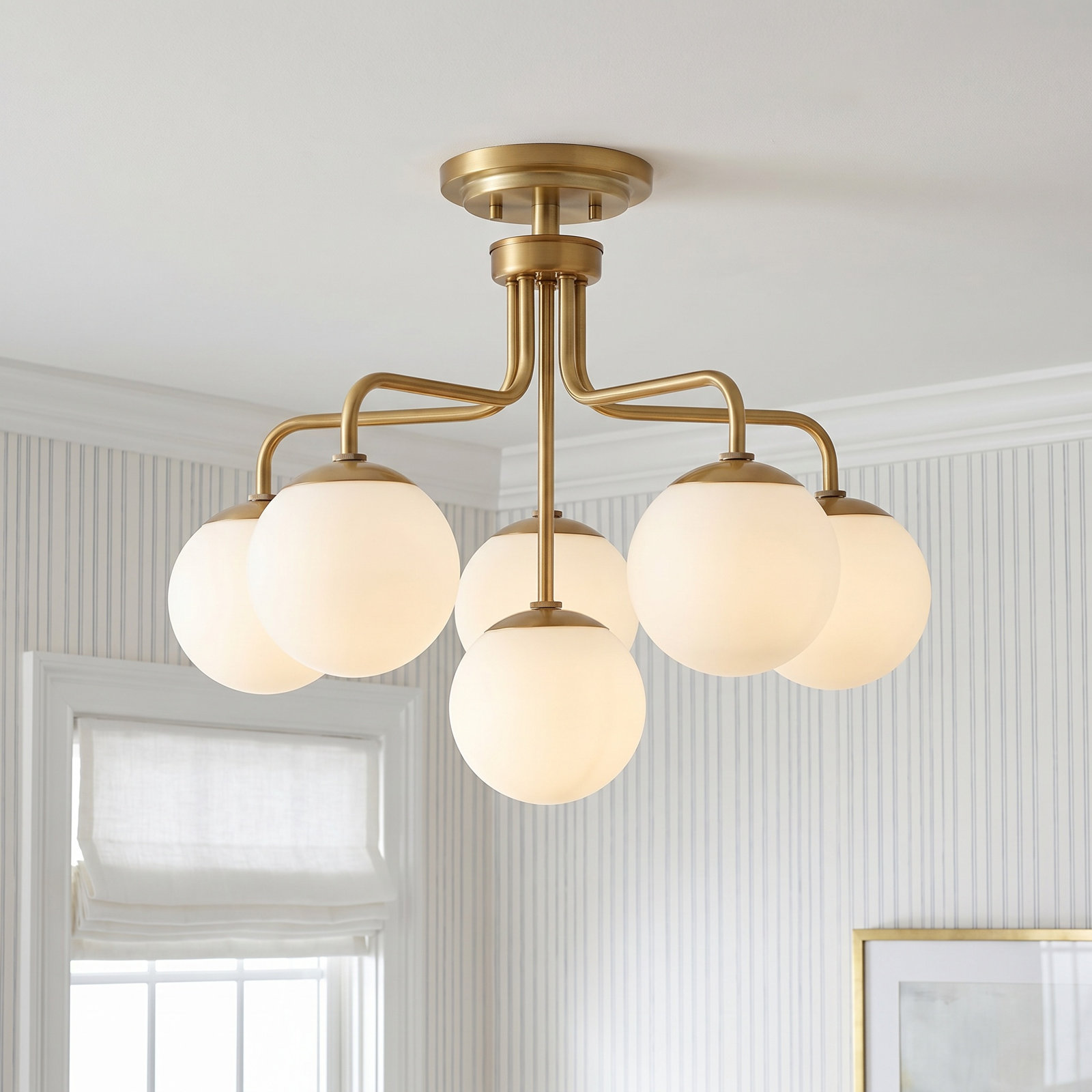 Chemise 6-Light Semi Flush Mount, Brass, White