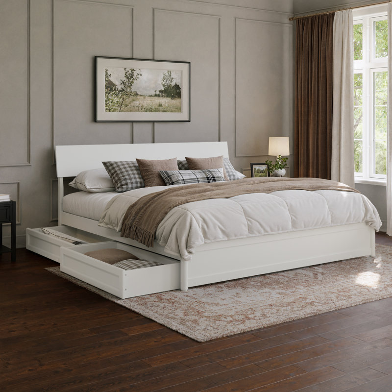Norla Twin XL Wood Platform Bed with Footboard and Storage Drawers, White, King, White
