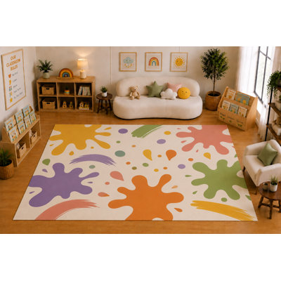 "Ultra Light Weight" Large 6'7" x 9'10" Paint Splatter Abstract Area Rug for Kids Room, Classroom, Bedroom, Playroom Decor, Soft Low Pile Indoor Rug with Non-Slip Silicone Backing, Pastel Multicolor