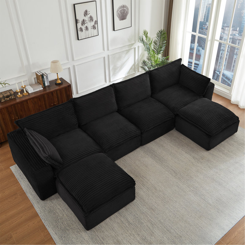 Cloud Sectional Couches For Living Room, Convertible U-Shape Couch With Ottoman, Black
