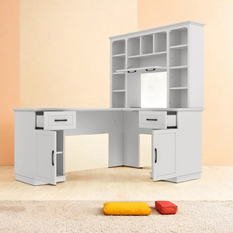 L-shaped Computer Desk With 2 Cabinets And 2 Drawers, Equipped With Power Outlets, White