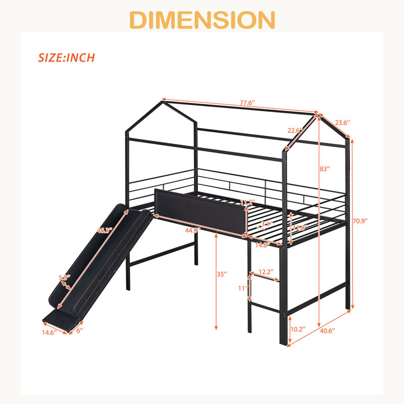 Metal House Bed With Slide, Twin Size Metal Loft Bed With Two-Sided Writable Wooden Board, Black