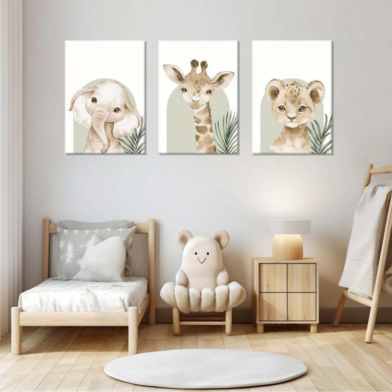 Nursery Canvas Wall Art Set Of 3 Baby Kids Room Picture Wall Decor Jungle Safari Lion Elephant Giraffe Poster Painting Cute Animal Prints For Children Toddlers Bedroom Framed