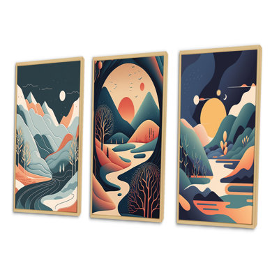«Graphic Mountain Trees In Orange And Blue», 3 pièces sur toile