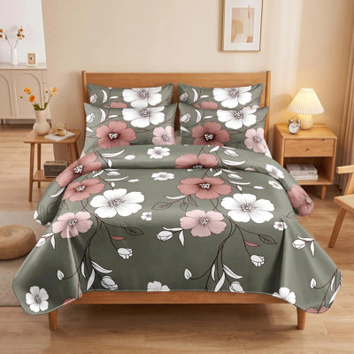 5-Piece Sage Green Floral Duvet Cover Set with Throw Pillow Covers, Vintage Botanical Comforter Cover with 4 Corner Ties, Soft Microfiber, Pet Friendly & Wrinkle Free