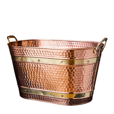 Baignoire en métal cuivré avec poignées en laiton robustes Kings County Tools - Panier en métal robuste de 25 pintes pour le rangement intérieur du bois de chauffage, le seau à glace extérieur, le panier à linge, le rangement du salon et le décor de la ferme