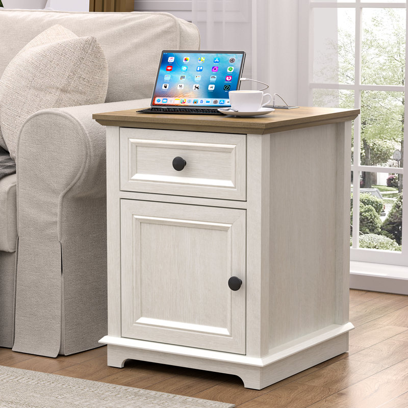 Vianet 24'' Tall End Table with Storage Drawer and Built-In Outlets, White/Brown
