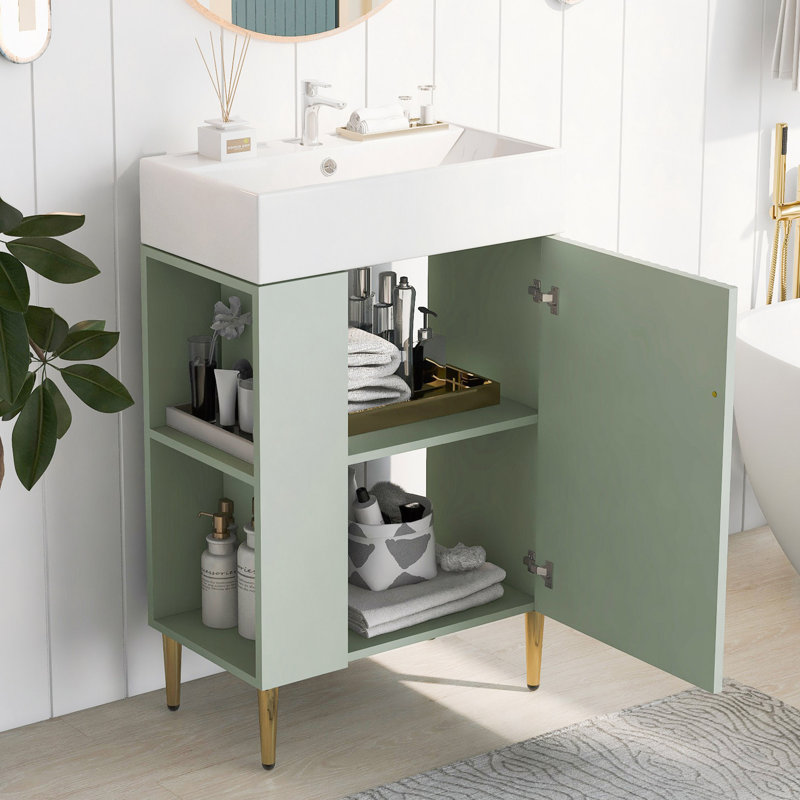 Meuble-lavabo 21,6 po, armoire combinée, meuble de rangement pour salle de bain, lavabo simple en céramique, rangement à gauche