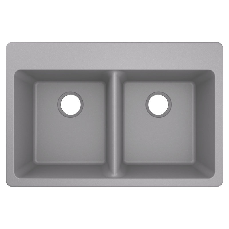 Host 33-Inch Wide x 9.5-Inch Deep Dual Mount Granite Double Bowl Kitchen Sink, Gray
