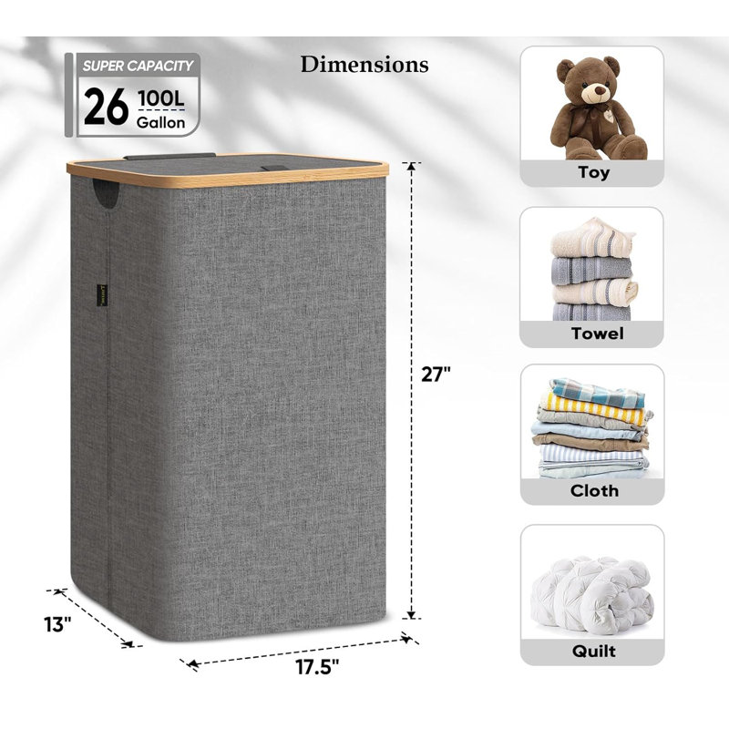100L Laundry Hamper with Lid,Tall Laundry Baskets with Pull Handles,Grey, Grey