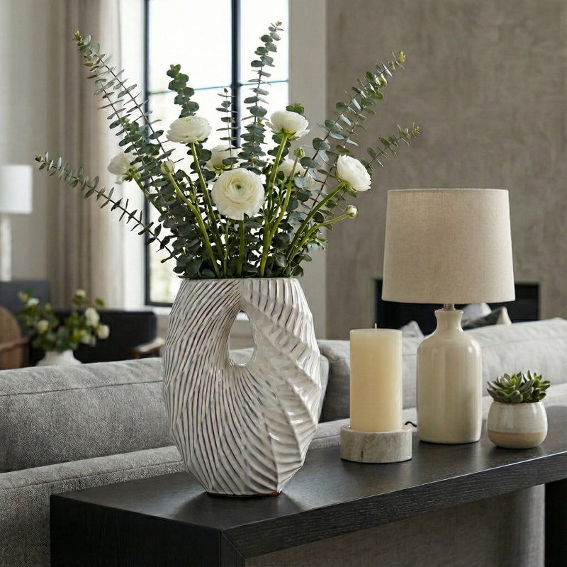 Sculptural Hollow Ceramic Tall Flower Vase withSpiral Design for Home Decor - Modern Table Vase for Living Room or Entryway Styling - White