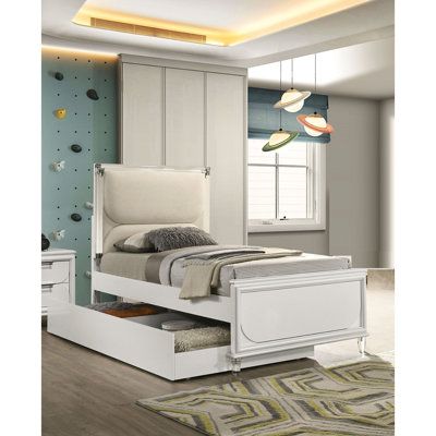 Structure de lit double blanc perle de style contemporain, bois d'ingénierie et bois d'hévéa, structure à tête de lit à DEL avec tissu et panneaux