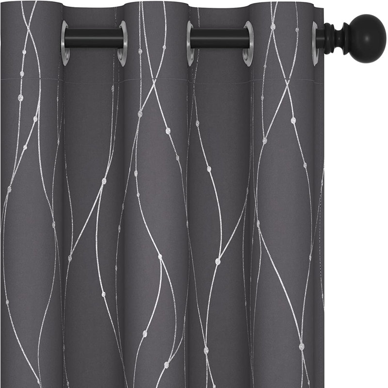 Senath Dotted Line Foil Printed Room Darkening Thermal Curtains, 117cm W x 138cm D, Dark Grey