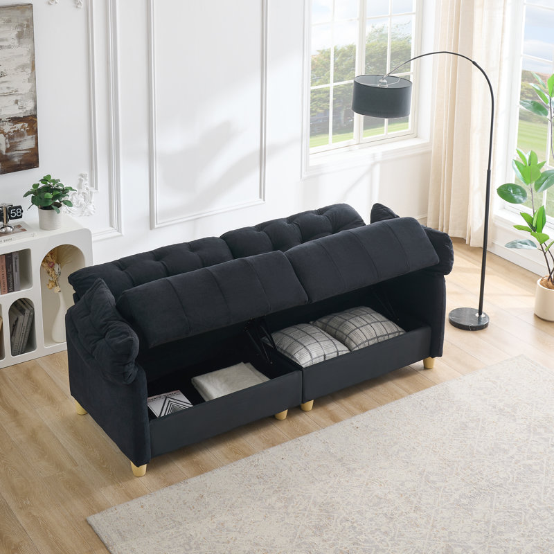 Black Tufted Modular Sofa With Under-Seat Storage, Chenille Loveseat For Living Room, Black