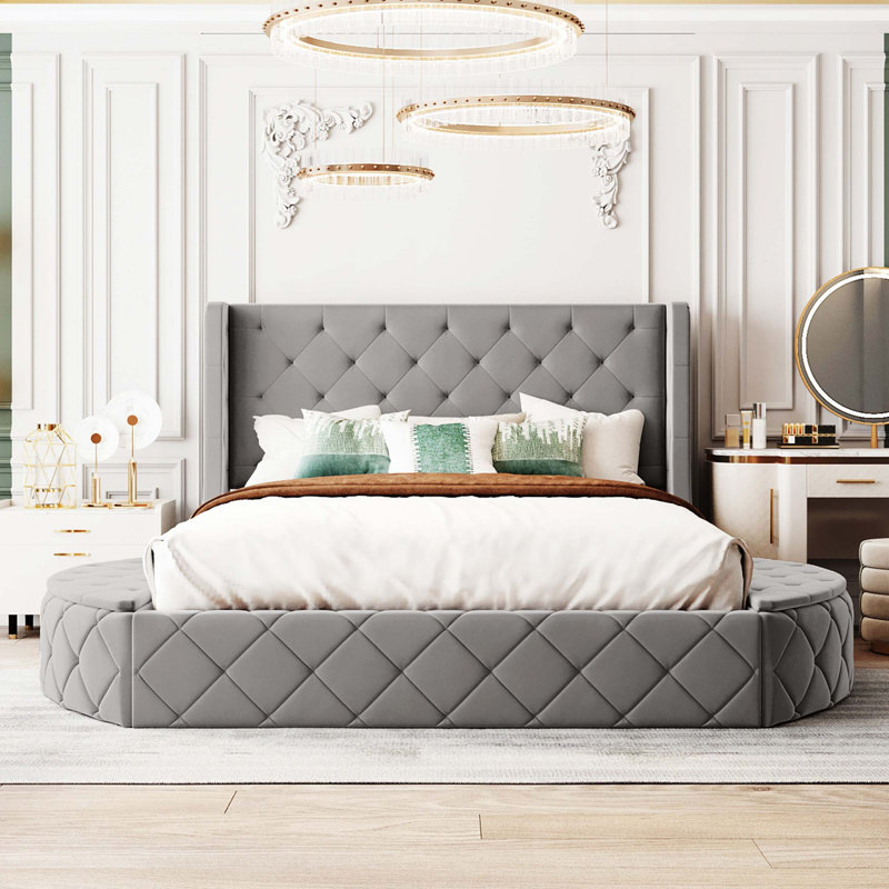 Lit plateforme tapissier avec tête de lit à oreilles et rangement intégré, Gris