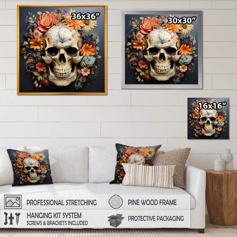 Crâne floral à la mode en doré II - art mural mode crâne, Toile tendue, H 16 po x l 16 po x P 1 po