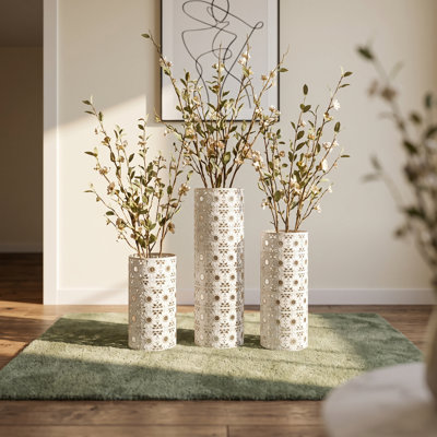 Vase de sol décoratif haut, ajouré et ajouré, en métal blanc doré, fabriqué à la main, lot de 3