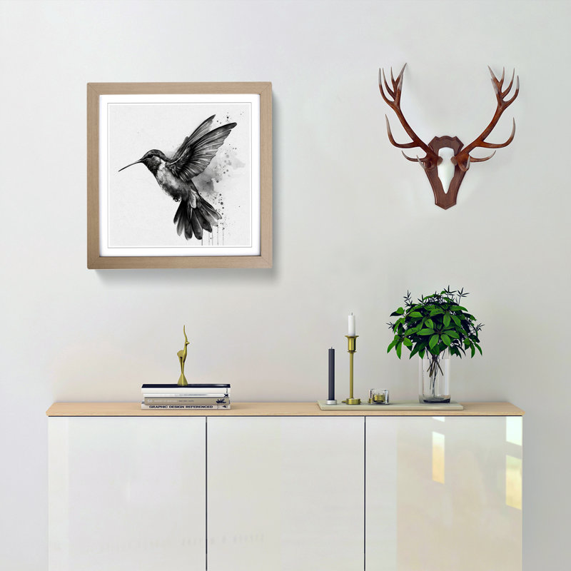 Hummingbird Ink Wash - Single Picture Frame Print on Wood, Oak