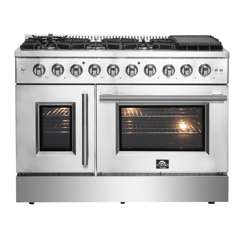 Cuisinière à gaz de 48 po en acier inoxydable, 8 brûleurs 107 000 BTU, 6,58 pieds cubes Galiano Fours