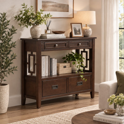 Console de style champêtre avec 4 tiroirs et une étagère ouverte, table d'entrée pour salon, couloir ou chambre.