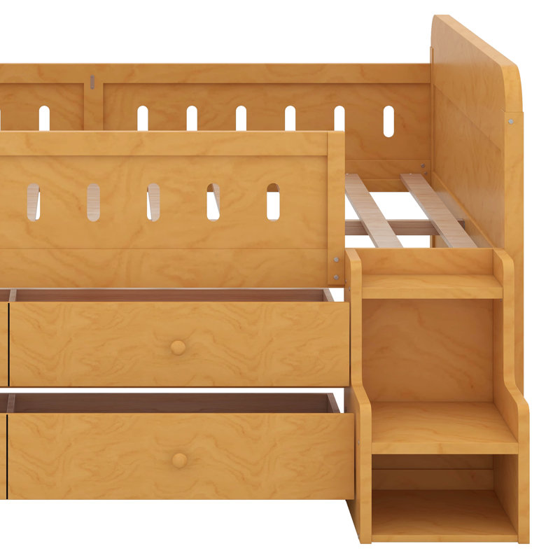 Structure de lit double en bois avec tête de lit à DEL, 4 tiroirs de rangement et échelle, conception peu encombrante pour la chambre à coucher
