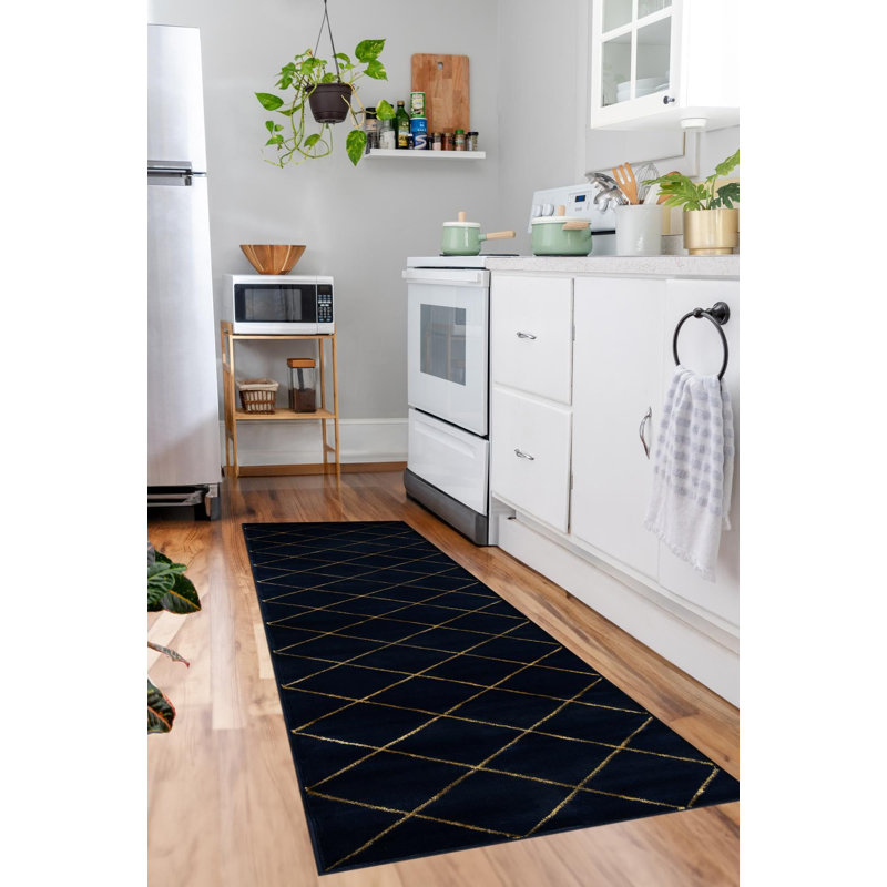 Contemporary Etowah Area Rug Navy Blue and Gold Color, Runner 2' x 8'