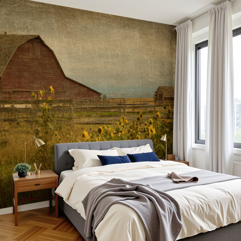 Papier peint adhésif peler et coller Twilight Farm Scene Barn Swaying Sunflowers, L 144 po x l 100 po