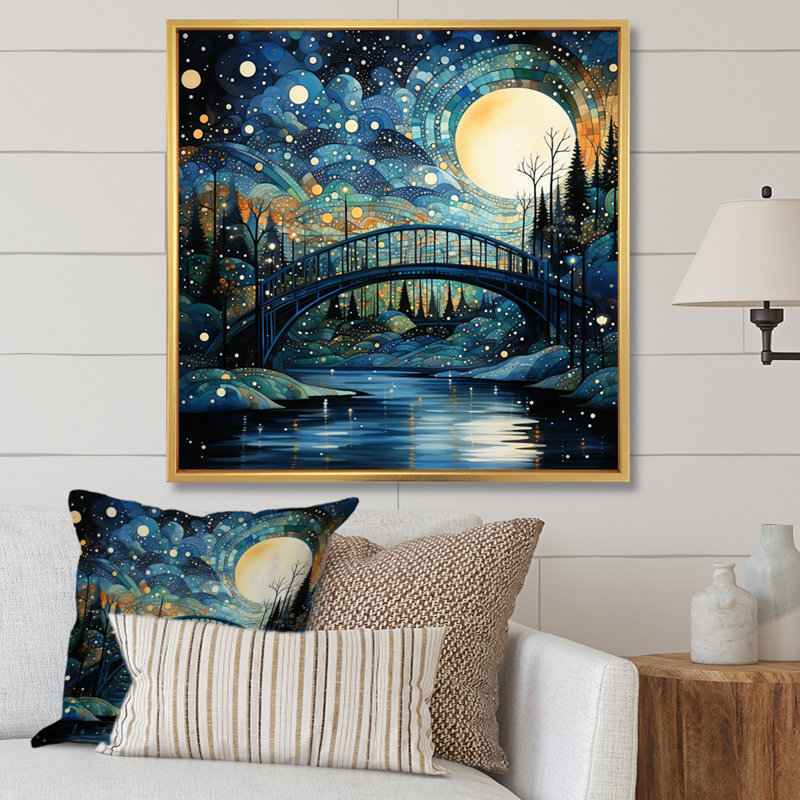 Teal Bridge Flowing Connections Pointillism II - Pointillism Wall Art Living Room, H 36 po x l 36 po, Cadre photo blanc
